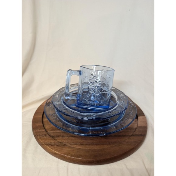 Vintage Tiara Indiana Glass Blue 3 Piece Dinner Set Mother Goose Childs Set - Picture 1 of 7